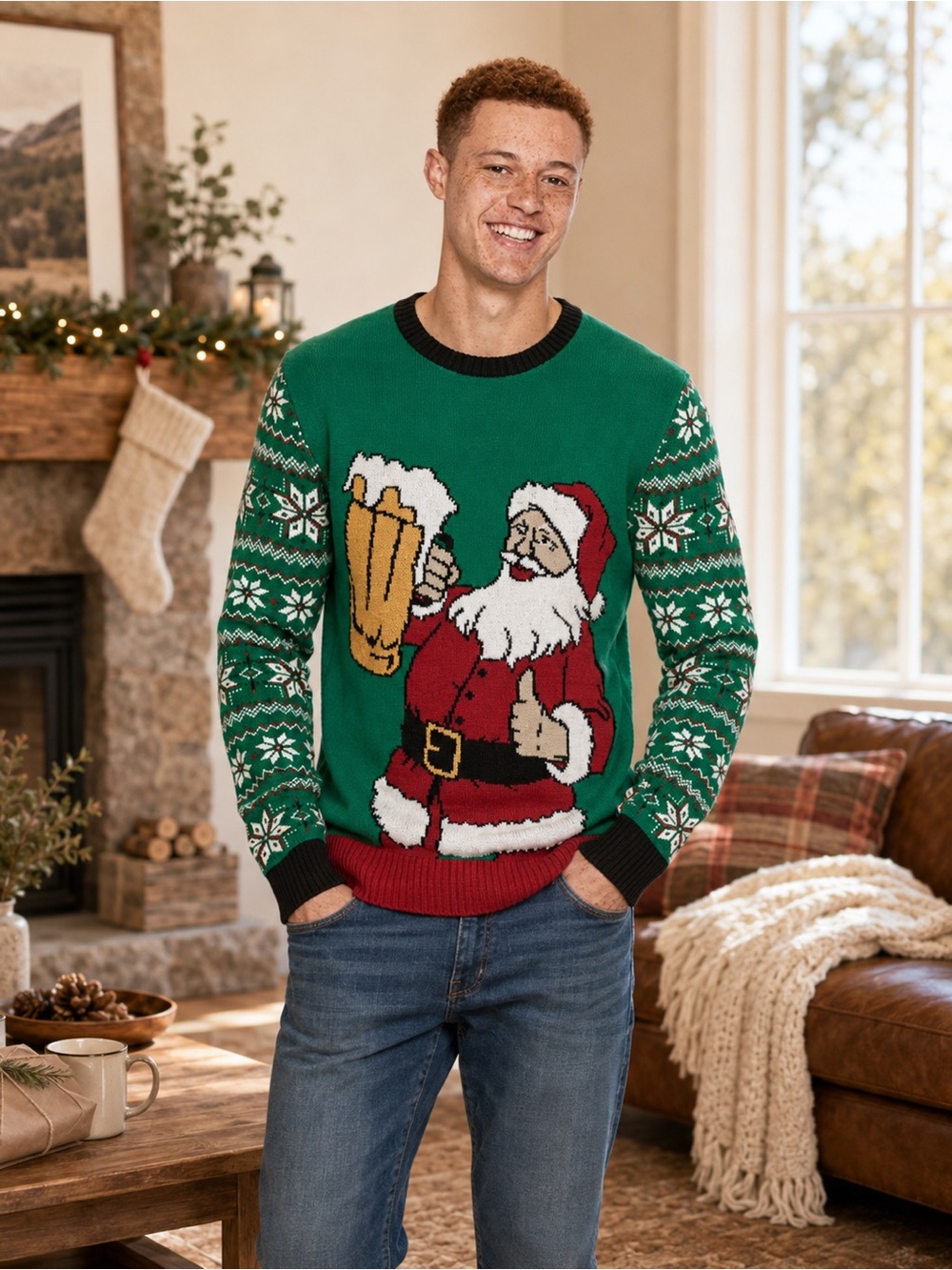 Men's Ugly Christmas Holiday Party Beer Santa Crewneck Sweater | Size S NWT